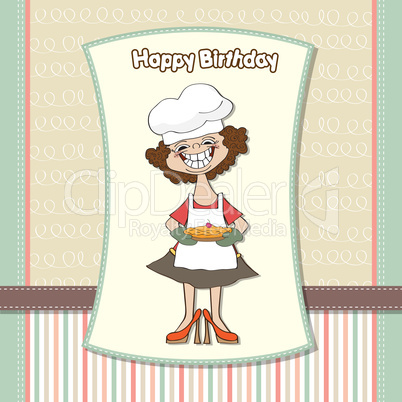 birthday greeting card with funny woman and pie