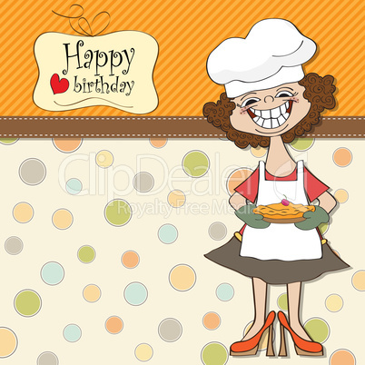 birthday greeting card with funny woman and pie