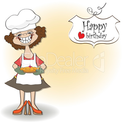 birthday greeting card with funny woman and pie