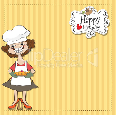 birthday greeting card with funny woman and pie