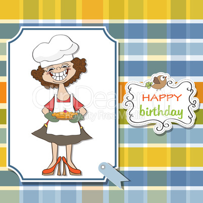 birthday greeting card with funny woman and pie