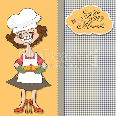 birthday greeting card with funny woman and pie