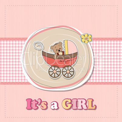 baby girl shower card with funny teddy bear in stroller