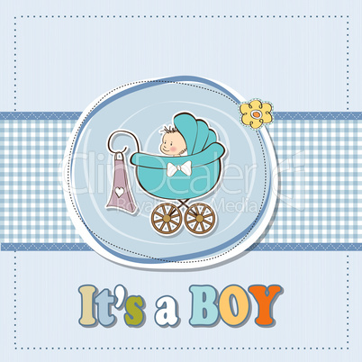 baby boy announcement card with baby and pram