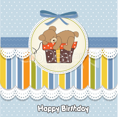 birthday greeting card with teddy bear and big gift box