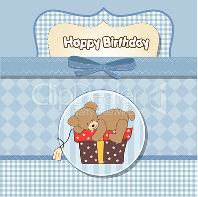 birthday greeting card with teddy bear and big gift box