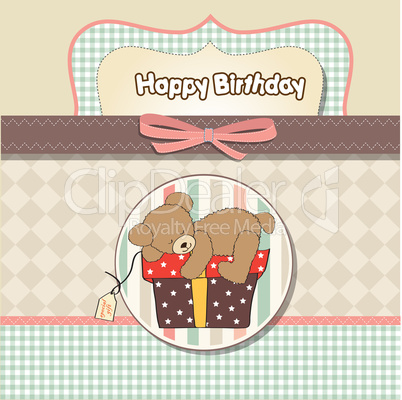 birthday greeting card with teddy bear and big gift box