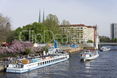 Ausflugsschiffe auf der Spree vor dem Nikolaiviertel in Berlin