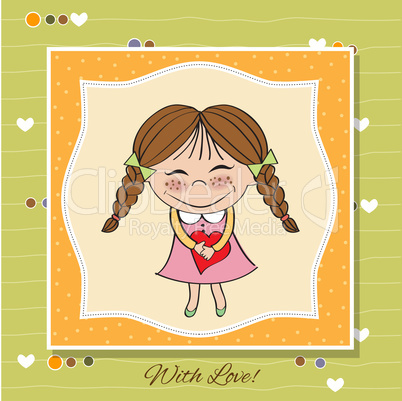 Funny girl with hearts. Doodle cartoon character.