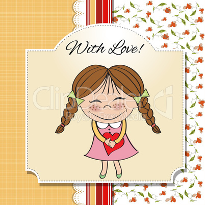 Funny girl with hearts. Doodle cartoon character.