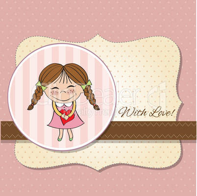 Funny girl with hearts. Doodle cartoon character.