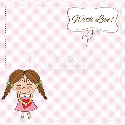 Funny girl with hearts. Doodle cartoon character.