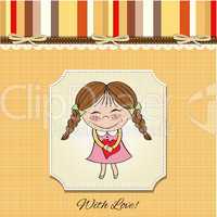 Funny girl with hearts. Doodle cartoon character.