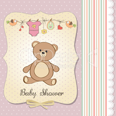 romantic baby girl announcement card with teddy bear