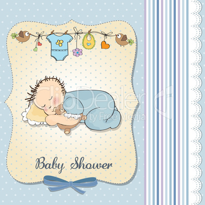 baby shower card with little baby boy sleep with his teddy bear