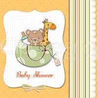 new baby announcement card with bag and same toys
