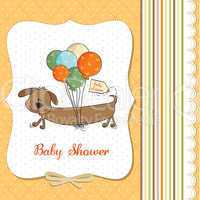 baby shower card with long dog and balloons