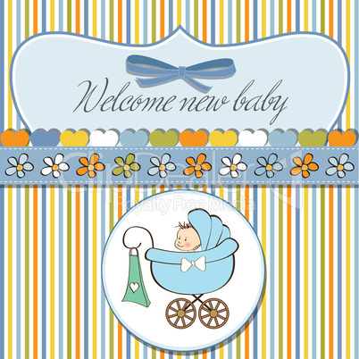 baby boy announcement card with baby and pram