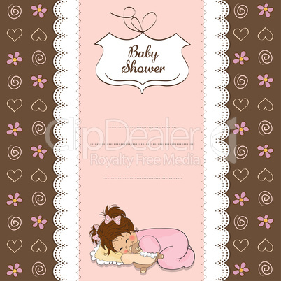 baby shower card with little baby girl play with her teddy bear