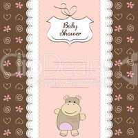 childish baby girl announcement card with hippo toy