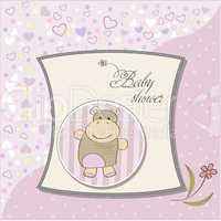 childish baby girl announcement card with hippo toy