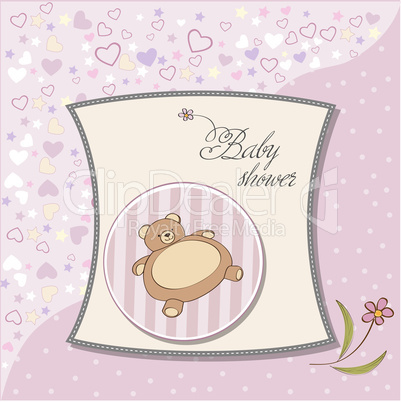 romantic baby girl announcement card with teddy bear