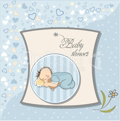 baby shower card with little baby boy sleep with his teddy bear