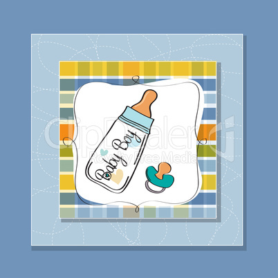 baby announcement card with milk bottle and pacifier