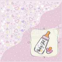 new baby girl announcement card with milk bottle and pacifier