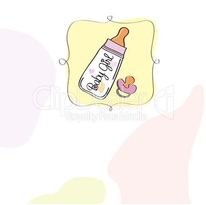 new baby girl announcement card with milk bottle and pacifier