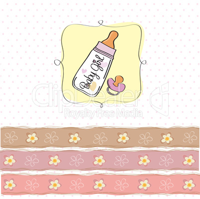 new baby girl announcement card with milk bottle and pacifier