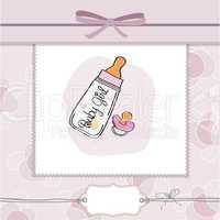 new baby girl announcement card with milk bottle and pacifier