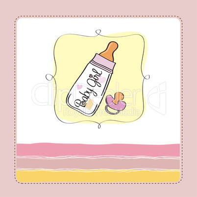 new baby girl announcement card with milk bottle and pacifier