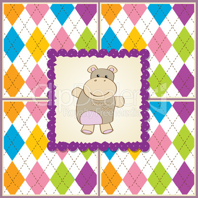 childish baby girl announcement card with hippo toy