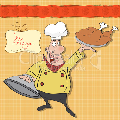 funny cartoon chef with tray of food in hand