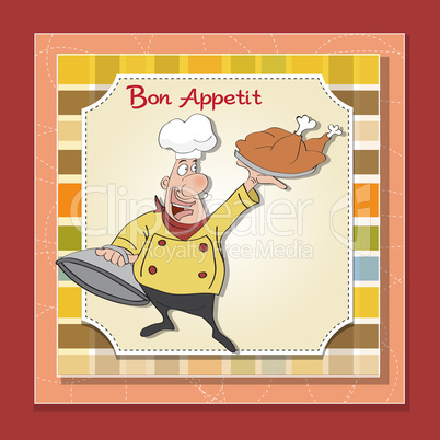 funny cartoon chef with tray of food in hand