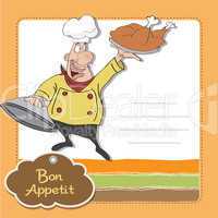 funny cartoon chef with tray of food in hand