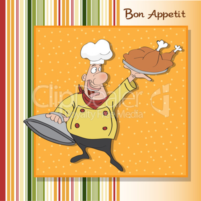 funny cartoon chef with tray of food in hand