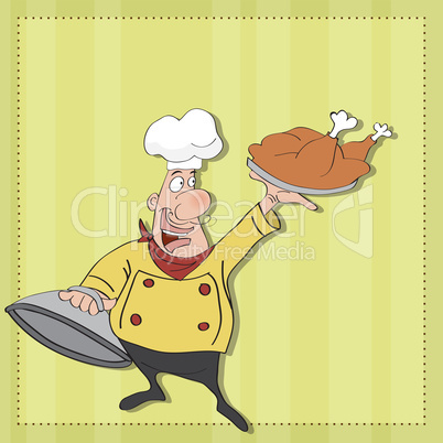 funny cartoon chef with tray of food in hand