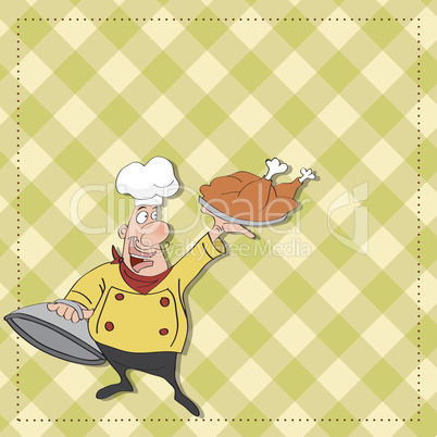 funny cartoon chef with tray of food in hand