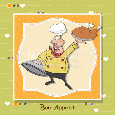 funny cartoon chef with tray of food in hand