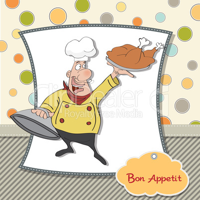 funny cartoon chef with tray of food in hand