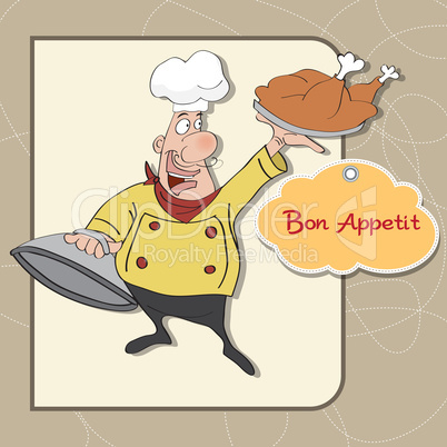 funny cartoon chef with tray of food in hand