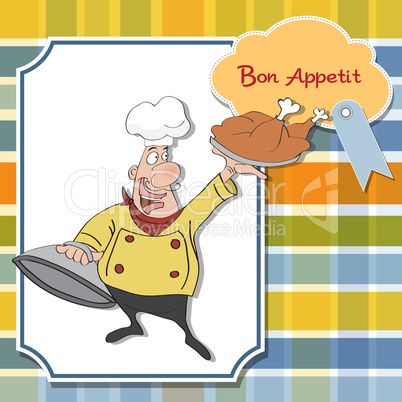 funny cartoon chef with tray of food in hand