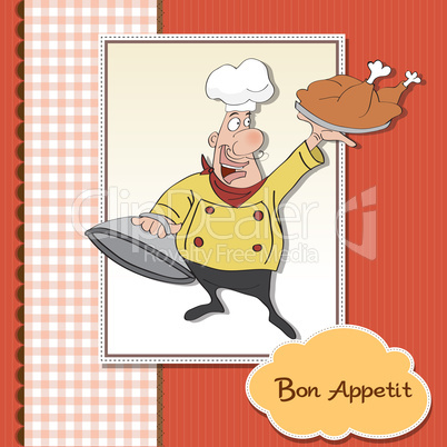 funny cartoon chef with tray of food in hand