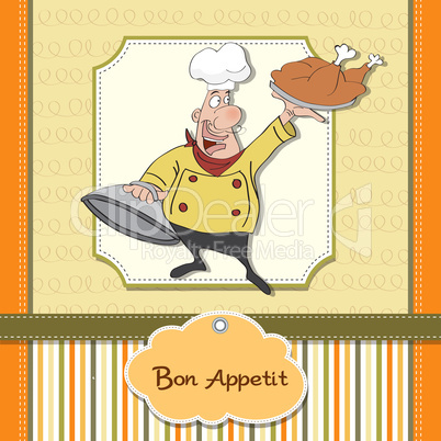 funny cartoon chef with tray of food in hand