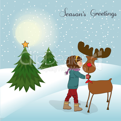 Christmas card with cute little girl caress a reindeer