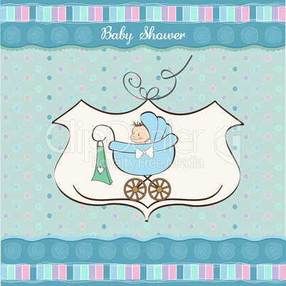 baby boy announcement card with baby and pram