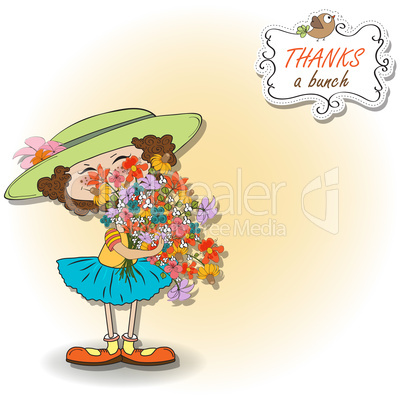 funny girl with a bunch of flowers