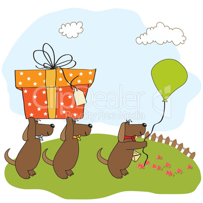 three dogs that offer a big gift. birthday greeting card